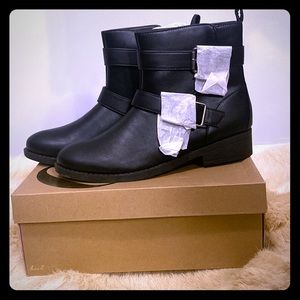 Black buckle vegan leather ankle boots
